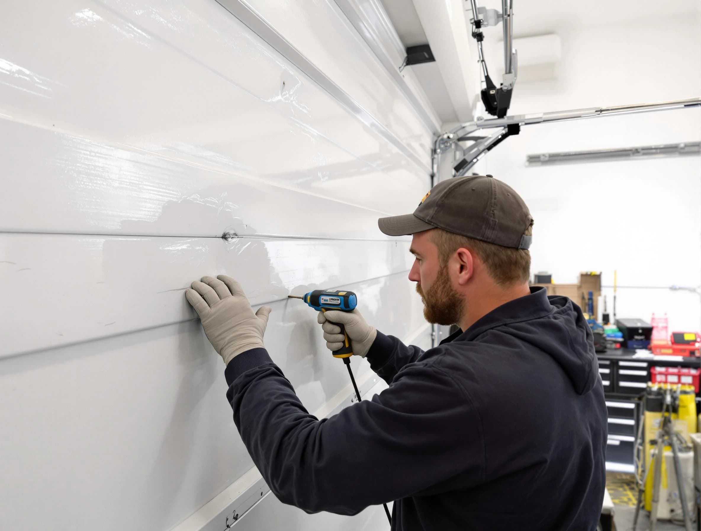 Austell Garage Door Repair technician demonstrating precision dent removal techniques on a Austell garage door